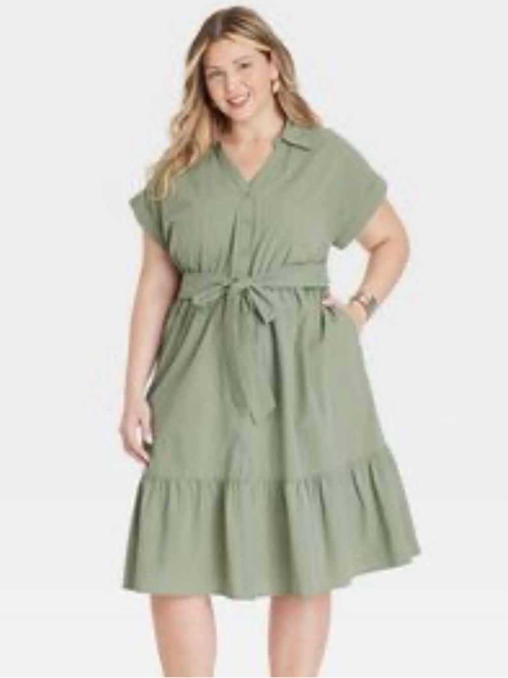 NWOT Ava & Viv Sage Green Button-Front Tie-Waist Midi Dress 100% Cotton